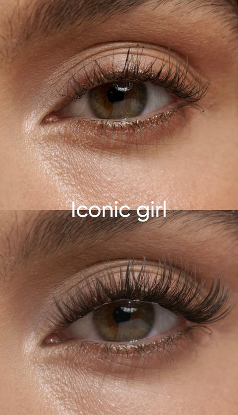 Före och efter med Iconic Girl från ByWonderLash – fylliga lösögonfransar för en markerad och självsäker fransförlängning hemma.