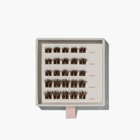 Cocoa Crush bruna clusterfransar i box, lösögonfransar i 10 mm, 12 mm och 14 mm för en mjuk fransförlängning hemma med naturlig fyllighet