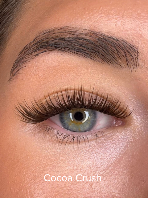 Cocoa Crush bruna lösögonfransar applicerade på ögat, varma bruna clusterfransar med medium volym för en mjuk och naturlig franslook